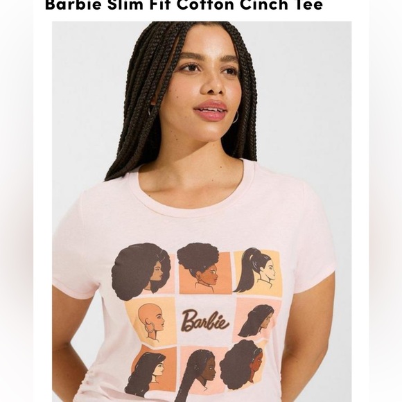 NWT torrid size 5 brunette, bald Barbie Slim Fit Cotton Cinch Tee pink brown - Picture 5 of 12
